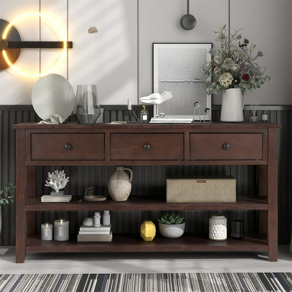 Retro Design Console Table with 2 Open Shelves & 3 Drawers, Pine Solid Wood Frame and Leg, Narrow Long Sofa Table, Large Storage Space for Living Room, Entryway, Espresso