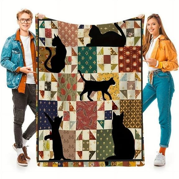 Retro Design Cozy Flannel Fleece Blanket, Double-Sided All-Year Cat Pattern, Versatile Throw for Sofa And Television, Perfect Gift for Loved Ones - Made from 100% Polyester