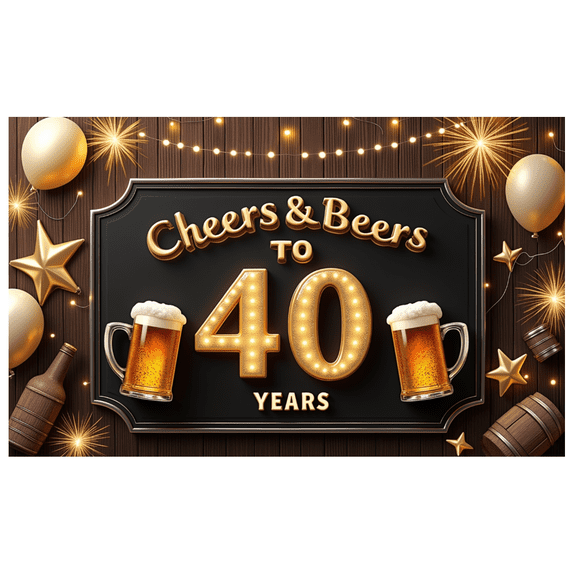 Retro Design Happy Birthday Banner Gold Accents 40th Birthday Cheers Beers Celebration for Adult Party Funny Events