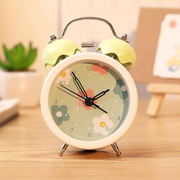 Retro Desk Clock, 4in(10.16cm) Small Flower Pattern Round Table Alarm Clock, Cute Silent Non-Ticking Battery Operated Clock for Bedroom Living Room Office