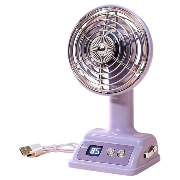 Retro Desk Fan with Digital Display – Usb Rechargeable Vertical Fan, Quiet Vintage Desktop Fan for Dorm Room stǔdənt Home (Purple)
