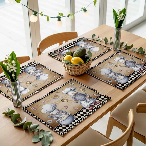 Retro Dessert Chef Art Placemats Set of 4,Wipeable Washable Table Mats for Dining Tables, Black and White Checker Brown Back Place Mats for Kitchen Event Party Tabletop Decor