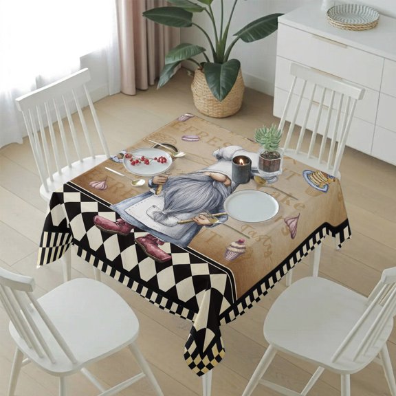 Retro Dessert Chef Art Table Cloth 54x54in, Waterproof Square Tablecloth Wipeable Tablecloths Black and White Checker Brown Back Table Covers for Dining Tables Party Indoor Outdoor