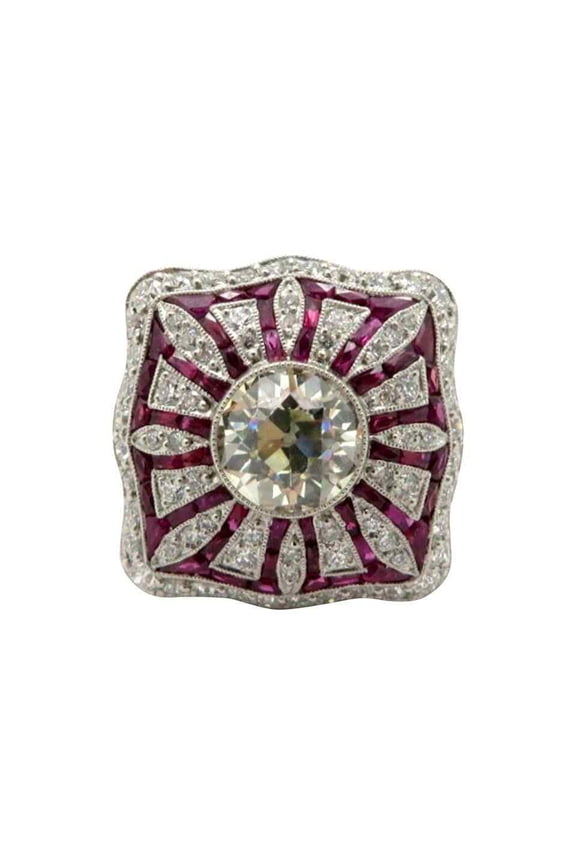 Retro Diamond Engagement Ring, Milgrain Bezel Set Diamond Ring, Floral Cluster Ruby Diamond Ring, Square Halo Diamond Ring, 14K White Gold Plated, 2.4 Ct Simulated Diamond, Cocktail Dome Ring