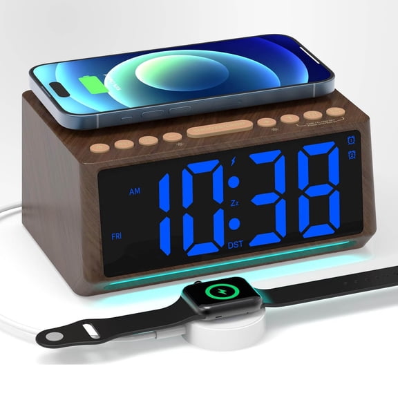 Retro Digital Alarm Clock for Bedrooms with Large Numbers, Desk Clock with Wireless Charging Station, Mood Lights, Dimmer, Snooze, 12/24H, Loud Alarm, Vintage Dcor
