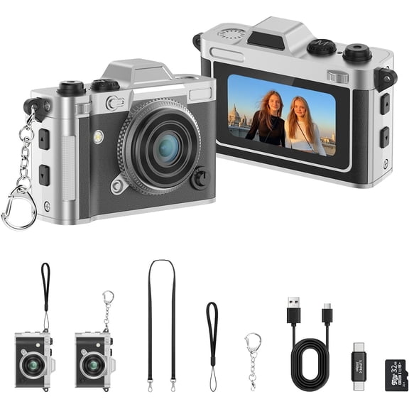 - Retro Digital Camera with 1. IPS Screen & 20MP Photos, Leather & Zinc Alloy Digicam for Travel, Vlog, Bag Charm, OTG Android(32G TF Card Include) (Black)