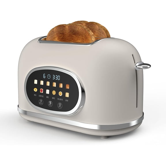 Retro Digital Electric Toaster, 2 Slice Stainless Steel Toaster With Touchscreen, Countdown Timer, 6 Shade Settings, Wide Slots, High Lift Lever, Bal, Defrost & Reheat, Cream