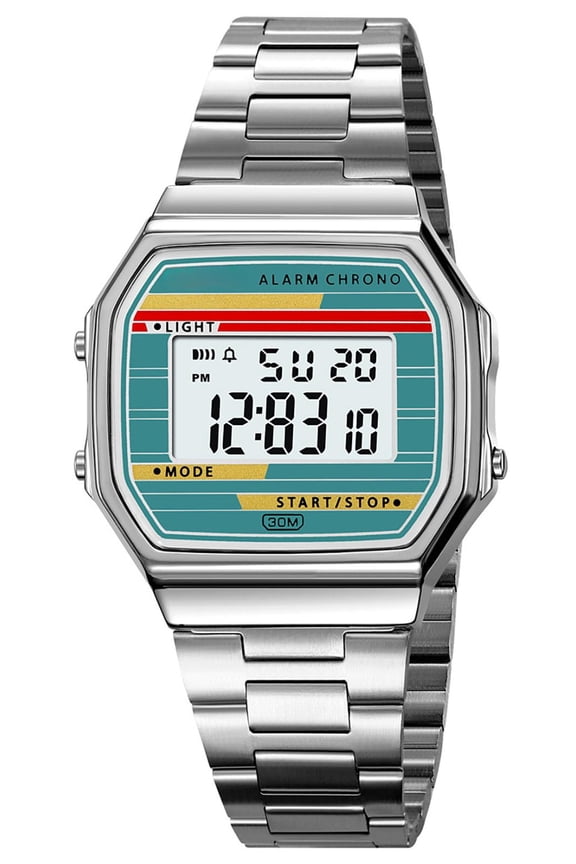 Retro Digital Watch Stainless Steel Band for Men Women | Alarm, Chrono, LED Light, 30M Waterproof, Vintage Electronic