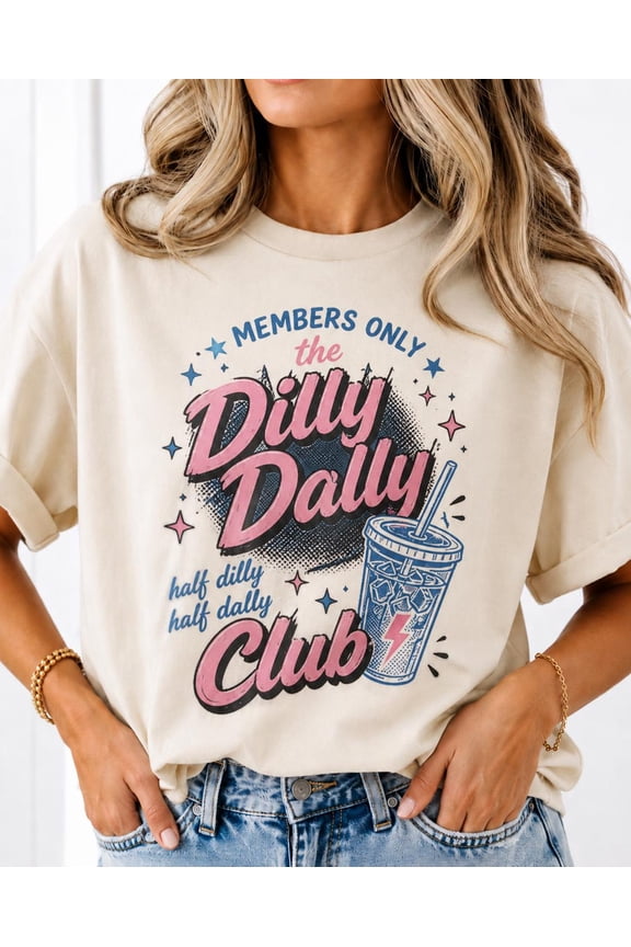Retro Dilly Dally Club Shirt, Iced Coffee Graphic Tee, Members Only Lazy Day Gift for Coffee Girls, Unisex Cotton T-Shirt, Sizes S-3XL