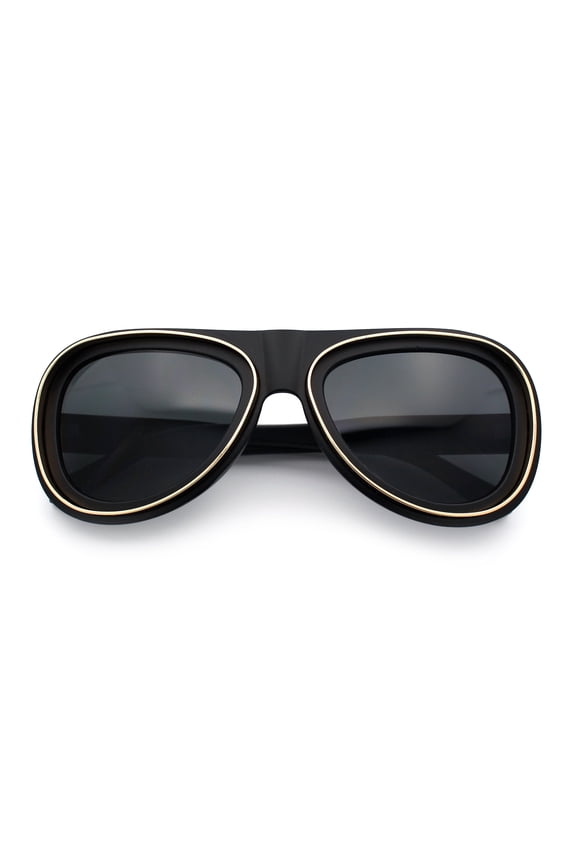 Retro Dimensional Metal Socket Rim Tear Drop Shape Racer Plastic Sunglasses Matte Black Gold - Black