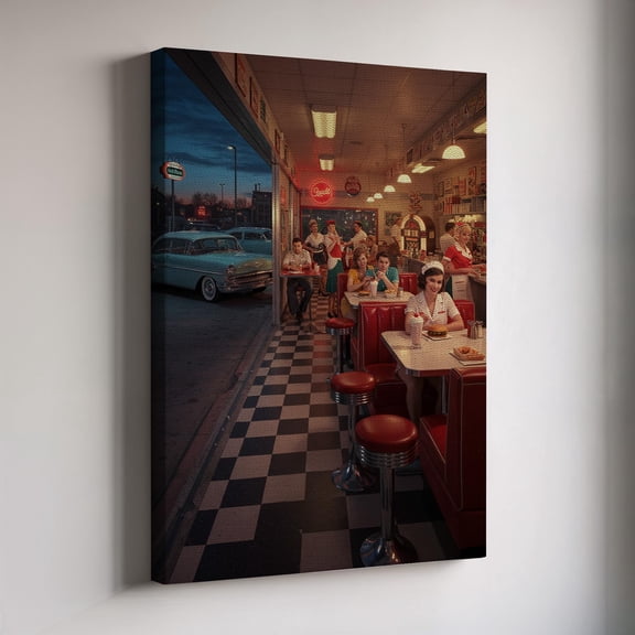 Retro Diner Art, American Vintage Scene, 50S Cafe, Classic Night Life, Retro Restaurant Decor, Nostalgic Wall Poster , Poster Print Only