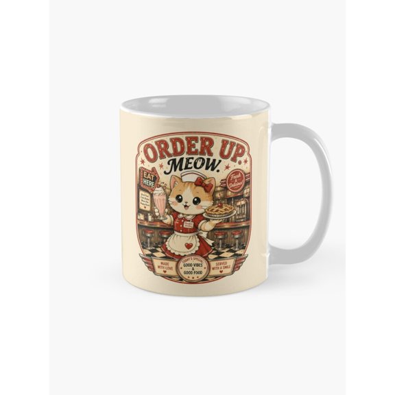 Retro Diner Cat Waitress Order Up Meow Coffee Mug, 11oz Ceramic, Cream Red and Brown Artwork