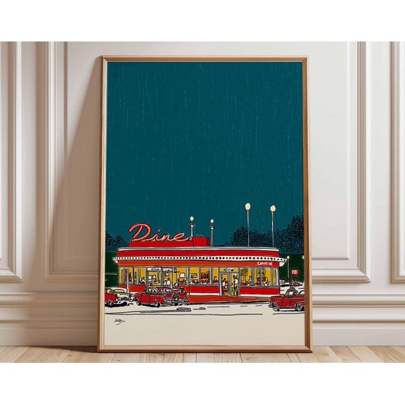 Retro Diner Classic Cars Night Scene Wall Art Print, Unframed Paper Poster 8x10in