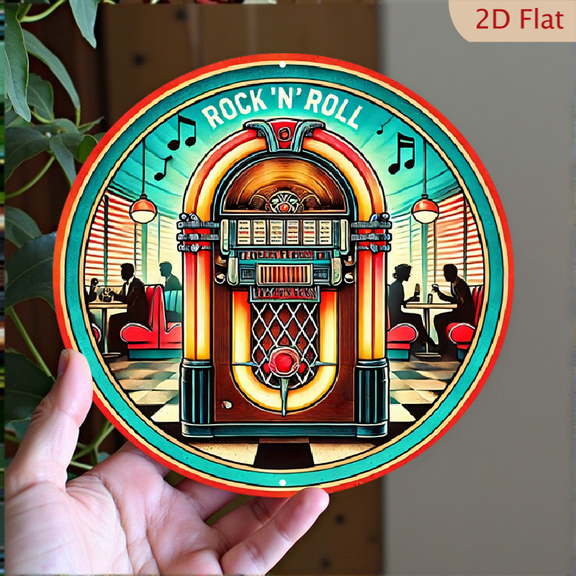 Retro Diner Jukebox Round Aluminum Wall Art 8x8 Inch Vintage Rock N Roll Music Theme Metal Sign Decor for Home Kitchen Bar Restaurant Wall Decoration
