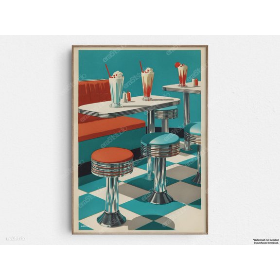 Retro Diner Milkshake Scene Original Midcentury Modern Minimalist Wall Art