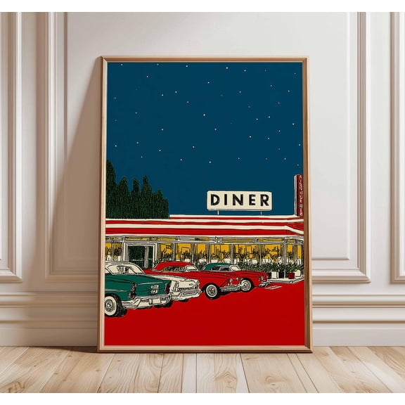 Retro Diner Night Poster, Unframed Paper Poster 8x10in