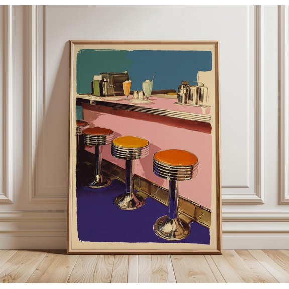 Retro Diner Poster Pink Counter Kitchen Wall Art Paper Print