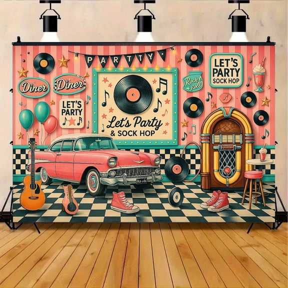 Retro Diner Sock Hop Background - Single Piece 50S Rock And Roll Party Theme Featuring Classic Cars, a Jukebox, And a Checkered Floor Design | Made of 100% Polyester, Perfect for Photo Booths