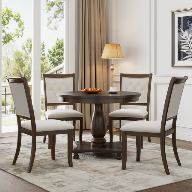 Retro Dining Table Set for 4, Round Table with Pedestal Table Base and 4 Upholstered Chairs for ...