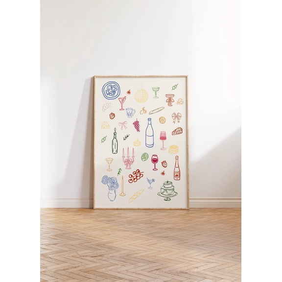 Retro Dinner Table Illustration Maximalist Kitchen Wall Art Edition, Unframed Canvas Size 12x18