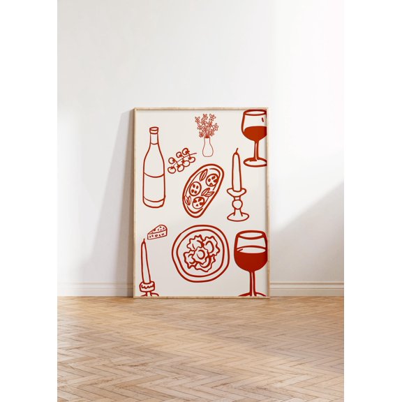 Retro Dinner Table Illustration Maximalist Kitchen Wall Art, Unframed Paper Print Size 8x12