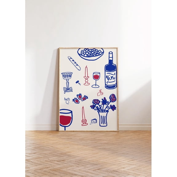 Retro Dinner Table Illustration Maximalist Kitchen Wall Art Variant, Unframed Canvas Size 8x12