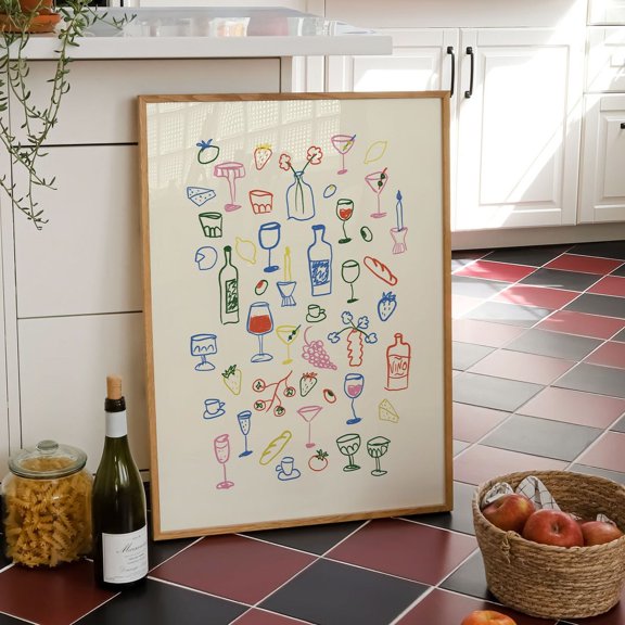Retro Dinner Table Print, Food And Drinks Illustrations Poster, Maximalist Kitchen Gallery Wall Art, Apartment Decor, Bar Cart Art Print UNFRAMED PAPER POSTER, Home Decor, Living Room Dercor