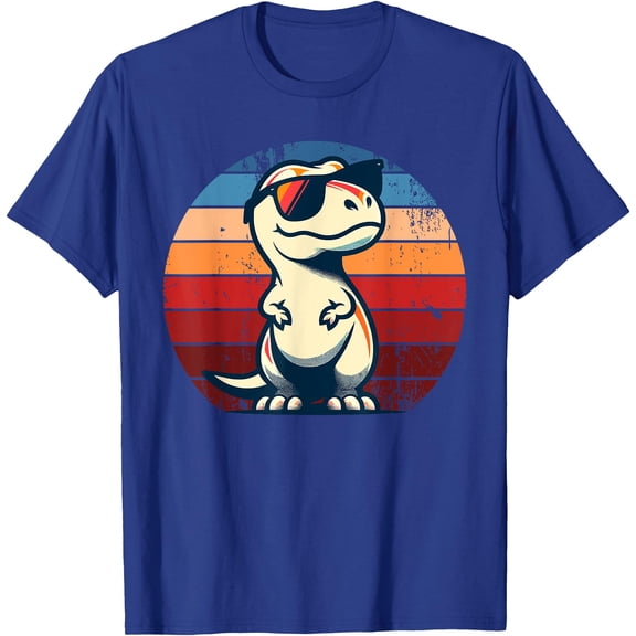Retro Dino Cool T-Rex Glasses Unisex T-Shirt for Men Women Kids,Royal Blue Color,Size L
