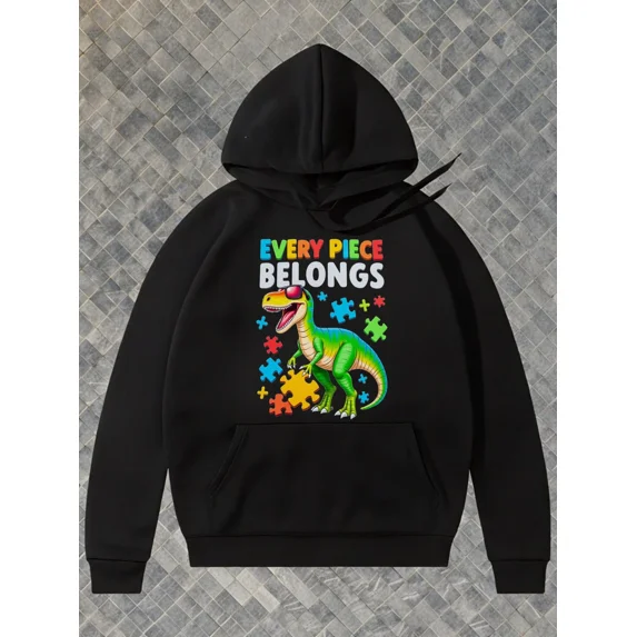 Retro Dinosaur Puzzle Graphic Black Colorful Every Piece Pullover Hoodie Shirt for Men & Women, up to Size 5XL