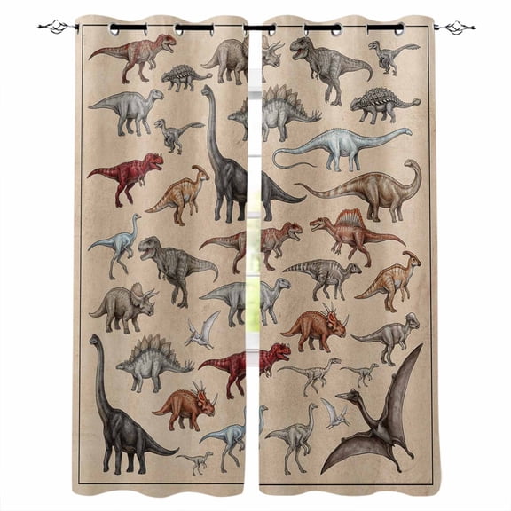 Retro Dinosaurs Black Out Curtains 63 Inch Long, Room Darkening Draperies Curtains Panels, Vintage Primitive Wild Animals Brown Thermal Insulated Curtain for Bedroom Living Room 52"x63" 2 Panels