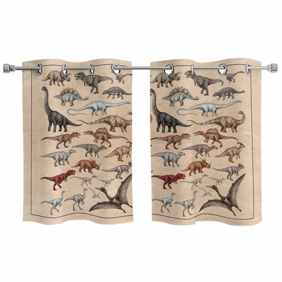 Retro Dinosaurs Kitchen Curtains Window Panels, Vintage Primitive Wild Animals Brown Insulated Window Treatment Curtain, Grommet Curtains for Bedroom/Living Room/Bathroom, 2 Piece 27.5"Wx39"L