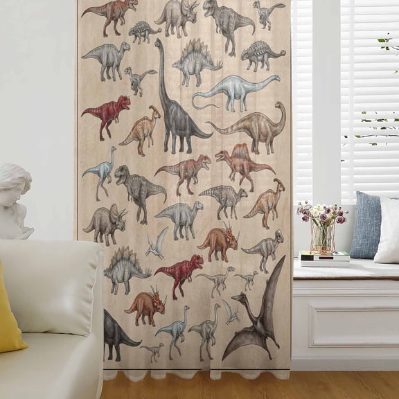 Retro Dinosaurs Semi Sheer Curtains Drapes for Living Room, Bedroom, French Doors Window 45 Inches Long, Vintage Primitive Wild Brown Rod Pocket Chiffon Curtain Drapery Voile Draperies Panel