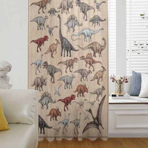 Retro Dinosaurs Sheer Curtains 54 Inches Long for Living Room/Bedroom, Vintage Primitive Wild Animals Brown Rod Pocket Voile Kitchen Curtains & Drapes Window Treatment 1 Panel, 52"W x 54"L