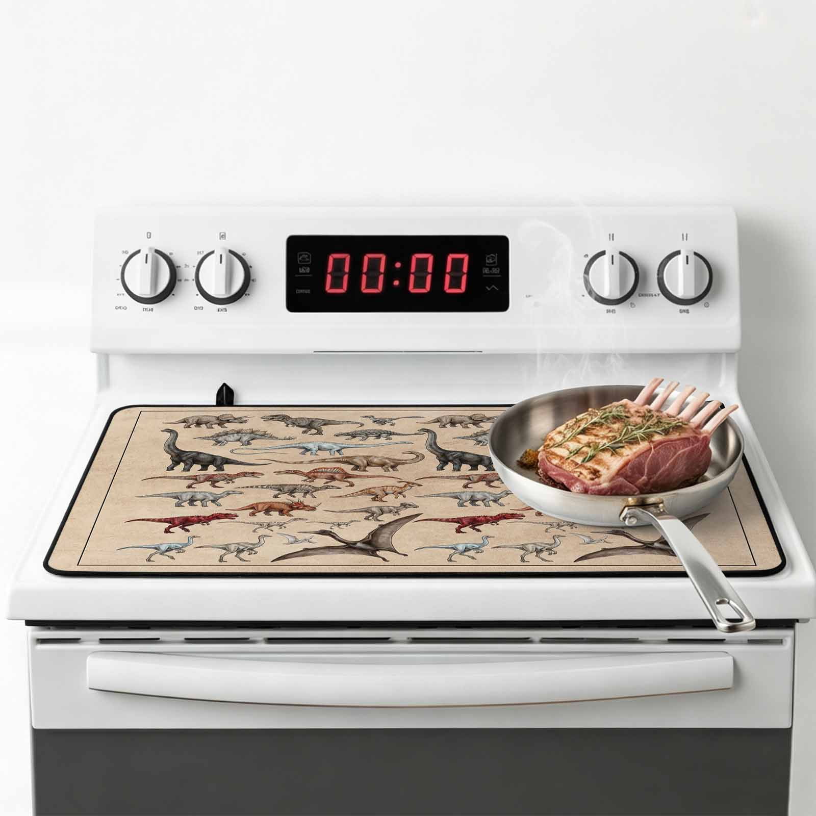 Retro Dinosaurs Stove Top Cover for Electric Stove, Heat-proof & Non Slip Glass Top Stove Cover Protector, Vintage Primitive Wild Animals Brown Kitchen Flat Cooktop Rubber Mat 24x21 Inches