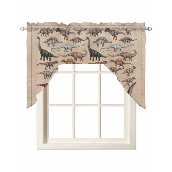 Retro Dinosaurs Swag Curtains for Kitchen Vintage Primitive Wild Animals Brown Valances for Windows Rod Pocket Small Window Treatment Short Topper for Cafe Bedroom Bathroom Decor 56x36 Inch