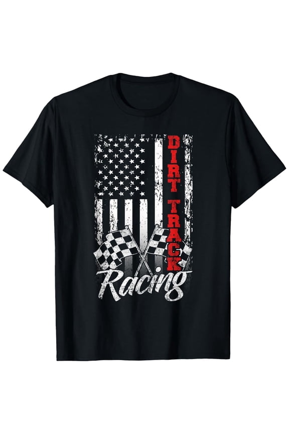 Retro Dirt Track Racing American Flag T-Shirt - Vintage Patriotic USA Racing Fan Graphic Tee - Distressed Checkered Flag Sprint Car Apparel for Men and Women