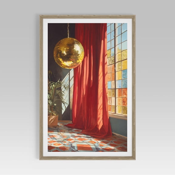 Retro Disco Ball, 70S Groovy Wall Art With Gold Mirror Ball And Curtains, Maximalist Her Home Decor #2514, 16x24 UNFRAMED
