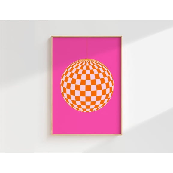 Retro Disco Ball And Orange Checkered 70s Party Wall Decor Unframed Paper Print