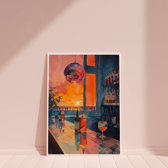 Retro Disco Ball Bar Cart Wall Art, Unframed Paper Print Size 8x12