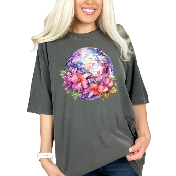 Retro Disco Ball Floral T-Shirt, 70s Inspired Graphic Tee, Vintage Flowers Disco Shirt, Unique Artistic Design, Casual Fashion Top, Pepper Comfort Colors T-Shirt, Small