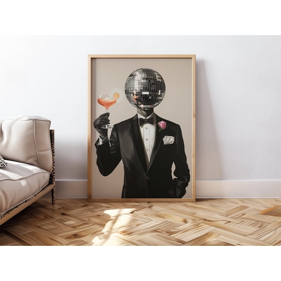 Retro Disco Ball Head Bar Wall Art, Unframed Paper Print Size 8x12