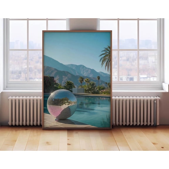 Retro Disco Ball At The Pool, Disco Ball Poster, California Wall Art, Retro Art Poster, Trendy Wall Art, Retro Poster, Wall Art Home Decor UNFRAMED Poster, Wall Art for Decor, Present, 12x18