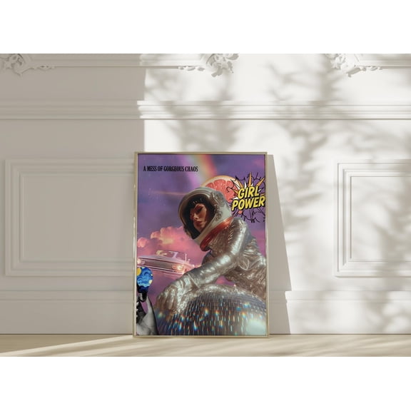 Retro Disco Ball Poster: Space Girl Surrealism, Unframed Poster Size 8x12