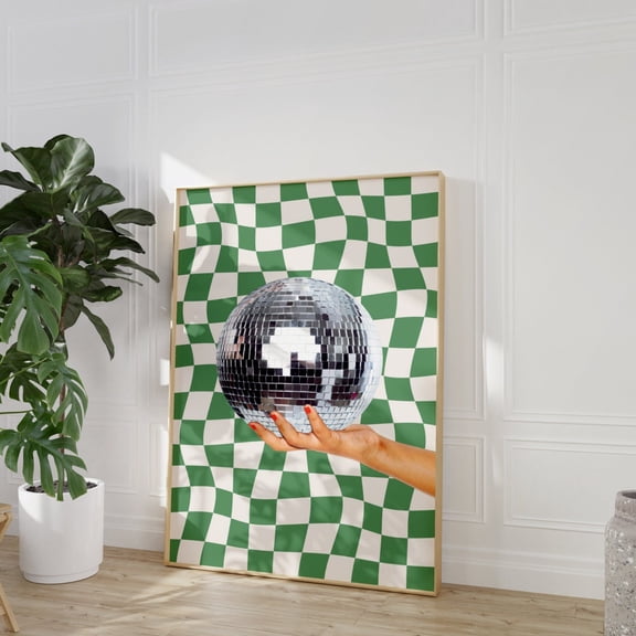 Retro Disco Ball Poster, Trendy Checker Board Funky Hand Vintage Green Poster Wall Art, Preppy Aesthetic Retro Decor, Y2K Eclectic Poster, Size 8x12 UNFFRAMED F03.1.7l3012