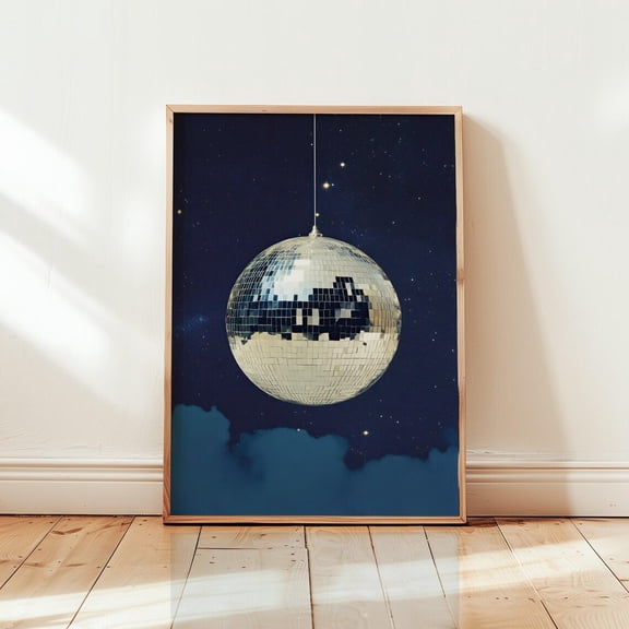 Retro Disco Ball Poster, Wall Art Print, Vintage Nightclub Dance Art, Party 70s Style Decor, Dark Blue Silver