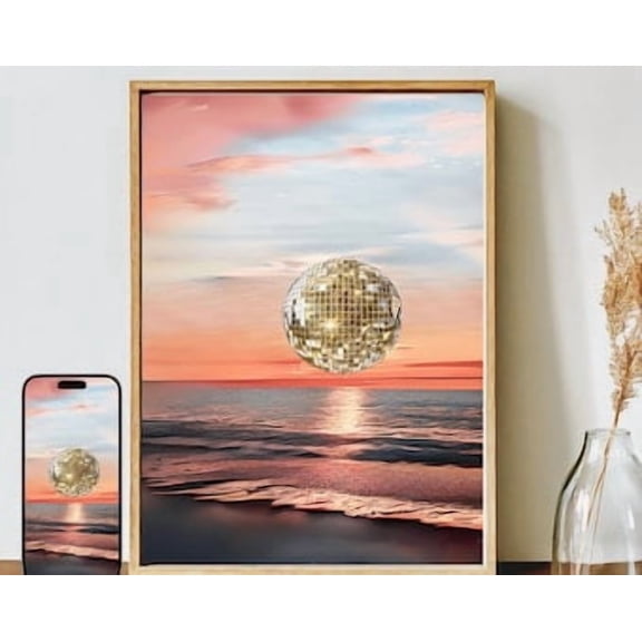 Retro Disco Ball Sunset Print & Phone Wallpaper Set: Ai Generated Poster Home Decor Office Wall Art