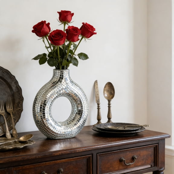 Retro Disco Ball Vase - 5.9x5.5in Reflective Mirrored Glass Bud Vase for Faux or Dried Flowers - Abstract Home Decor Piece - Metallic Coffee Table & Party Decor