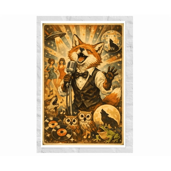 Retro Disco Fox Singing Poster Surreal Animal Concert Art 70S Groovy Poster Home Decor Office Wall Art