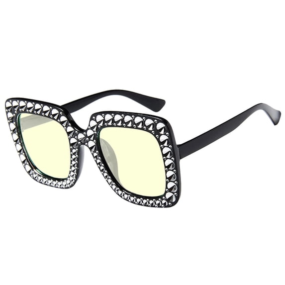 Retro Disco Sunglasses for Women, Oversized Square Rhinestone Crystal Sun Glasses, Thick Frame Bling Glitter Shades for Concert, Party, Festival, UV Protection, Lightweight Eyewear, Yellow