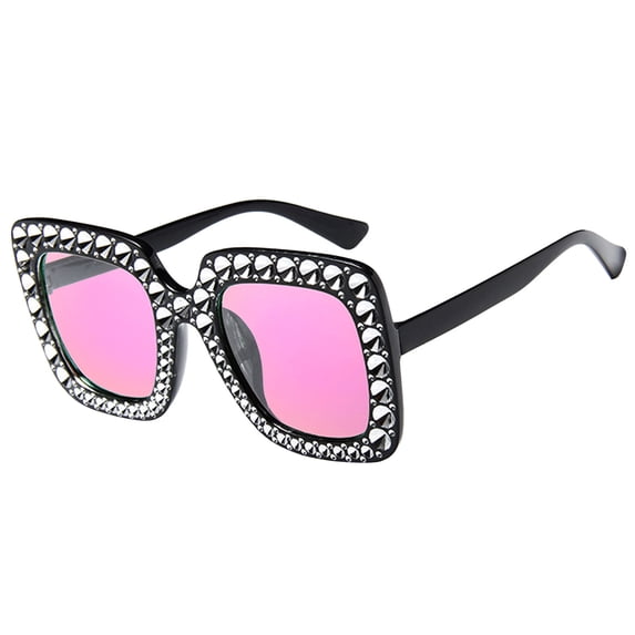 Retro Disco Sunglasses for Women, Oversized Square Rhinestone Crystal Sun Glasses, Thick Frame Bling Glitter Shades for Concert, Party, Festival, UV Protection, Lightweight Eyewear, Hot Pink